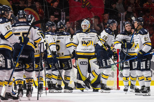 HV71s målvakt Hugo Alnefelt deppar med lagkamrater