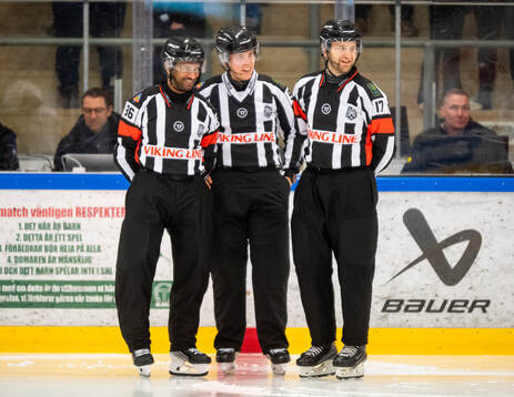 Domare Fredrik Rönnberg, linjedomare Adam Bardh, och