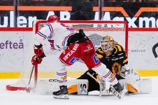Timrås Sebastian Hartmann och Skellefteås målvakt Linus