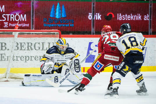 HV71s målvakt Frederik Dichow och Modos Mikkel Aagaard