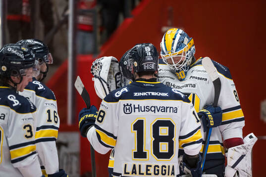 HV71s målvakt Frederik Dichow jublar