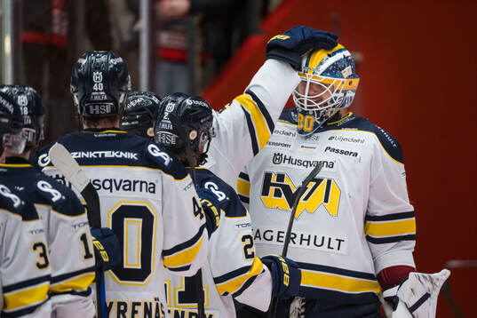 HV71s målvakt Frederik Dichow jublar
