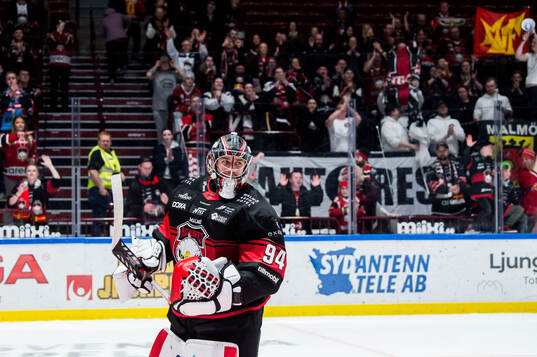 Malmö Redhawks målvakt Marek Langhamer jublar