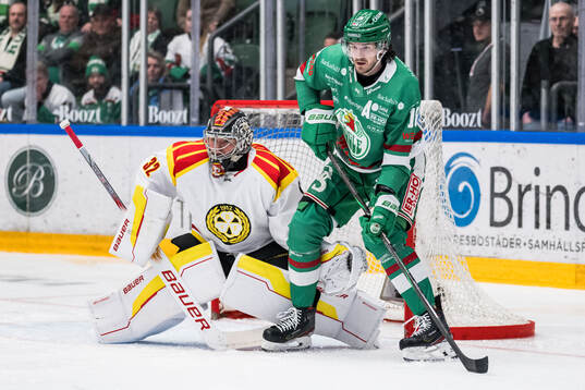 Brynäs målvakt Ludvig Persson och Rögles Dennis Everberg