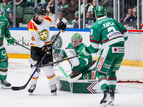 Brynäs Greg Scott och Rögles målvakt Arvid Holm