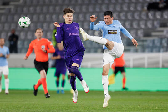 Nino Žugelj of Djurgården and Jonathan Silva of Pafos
