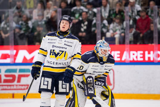 HV71s Victor Sjöholm och målvakt Hugo Alnefelt deppar