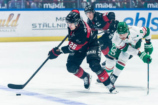 Malmö Redhawks Teemu Kivihalme och Rögles Linus Sandin