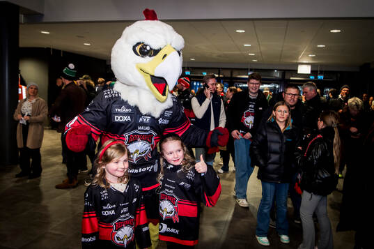 Unga malmösupportrar med Malmö Redhawks maskot Hawkan