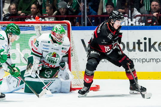 Rögles målvakt Arvid Holm och Malmö Redhawks Linus Öberg