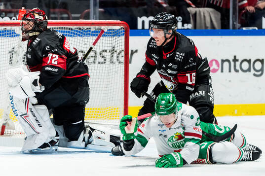 Rögles Linus Sandin och Malmö Redhawks målvakt Daniel