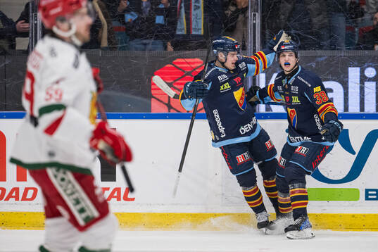 Djurgårdens Mattias Hävelid jublar med Victor Eklund