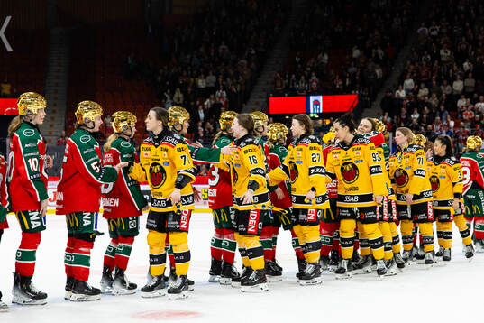 Luleås spelare gratulerar Frölundas spelare