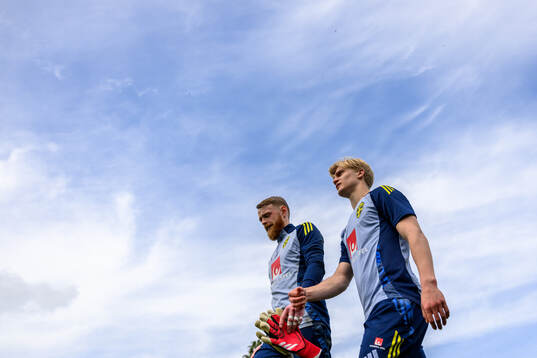 Goalkeeper Viktor Johansson and Lucas Bergvall of the
