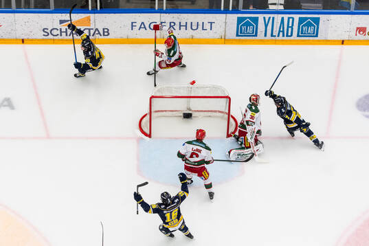 HV71s Oskar Stål-Lyrenäs jublar med Tanner Kero och Isac