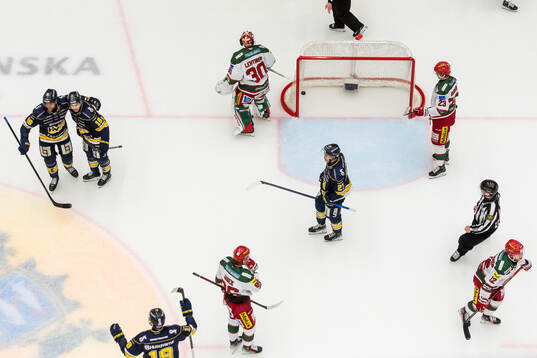 HV71s Joona Luoto jublar med målskytten till 5-0 Tanner