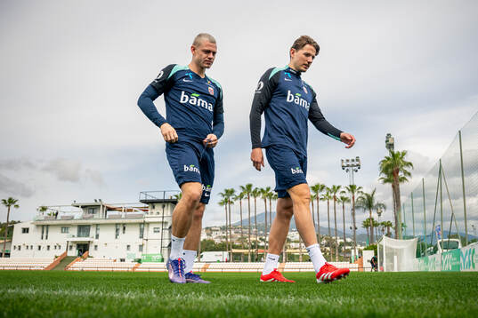 Julian Ryerson and Sander Berge of the Norwegian national