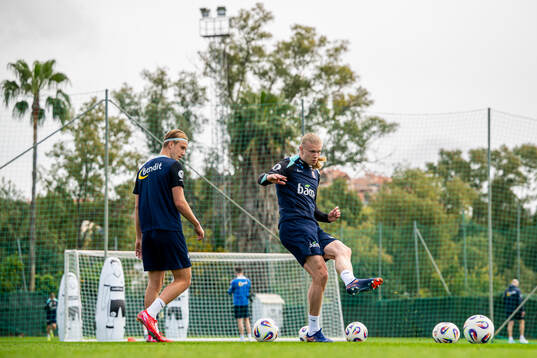 Erik Botheim and Erling Braut Haaland of the Norwegian