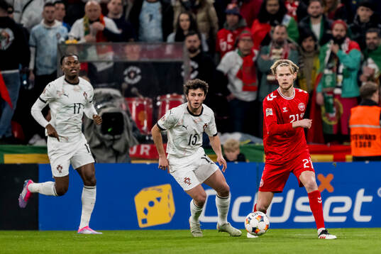 Joao Neves of Portugal and Morten Hjulmand of Denmark