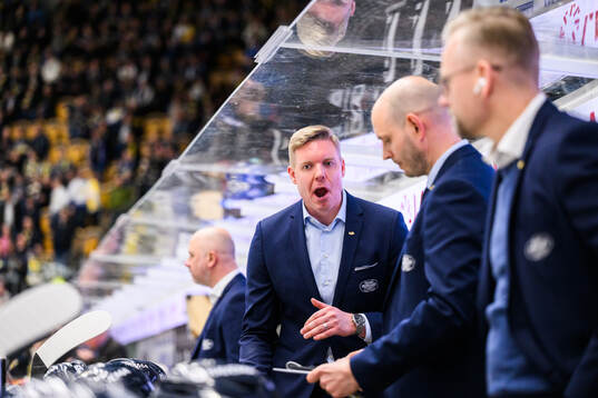 HV71s huvudtränare Anton Blomqvist  reagerar