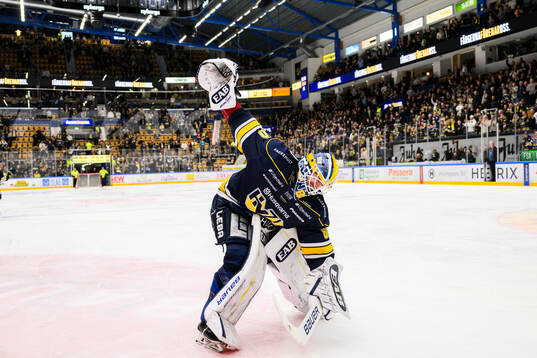 HV71s målvakt Frederik Dichow jublar och tackar fansen