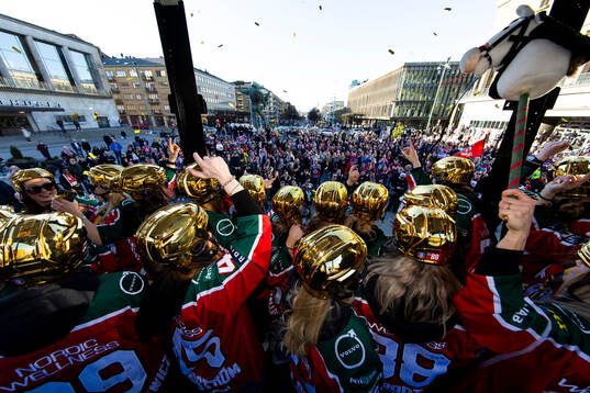 Spelarna jublar framför supportar