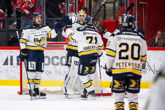 HV71s Oscar Engsund jublar med målvakt Frederik Dichow och