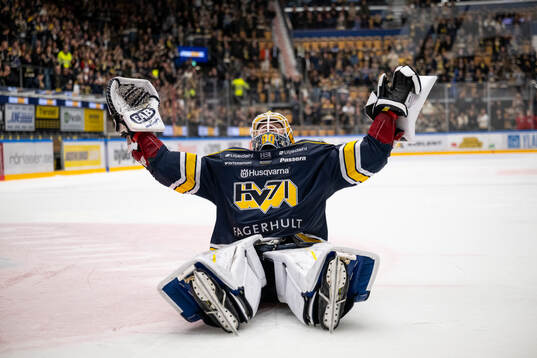 HV71s målvakt Frederik Dichow jublar
