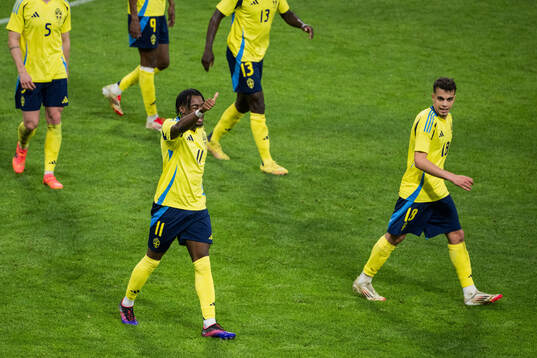Anthony Elanga of Sweden celebrating the 5-0 goal