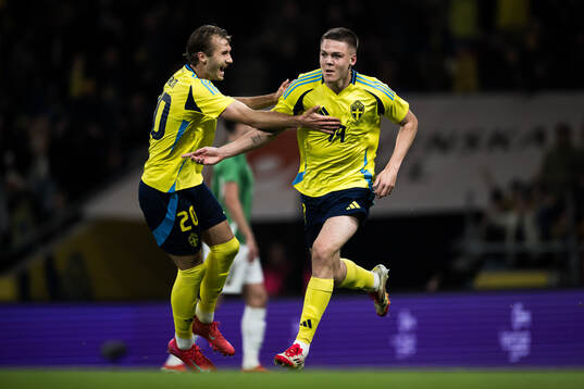 Benjamin Nygren and Emil Holm of Sweden celebrating scoring