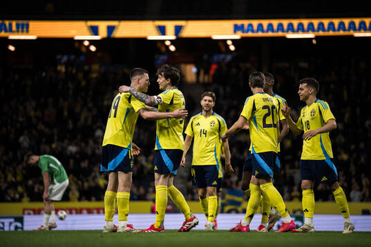 Emil Holm of Sweden celebrate with Victor Nilsson Lindelöf