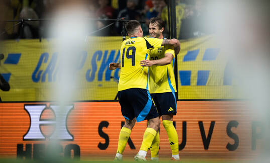 Emil Holm and Benjamin Nygren of Sweden celebrating the 2-0