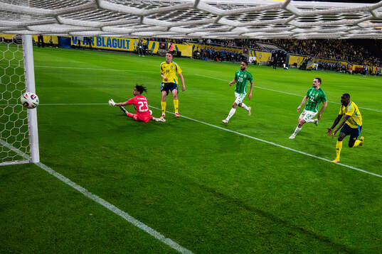 Emil Holm of Sweden scores 1-0 behind goalkeeper Pierce