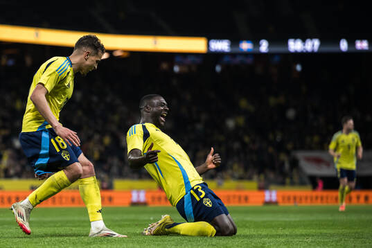 Ken Sema of Sweden celebrating the 3-0 goal with Yasin Ayari