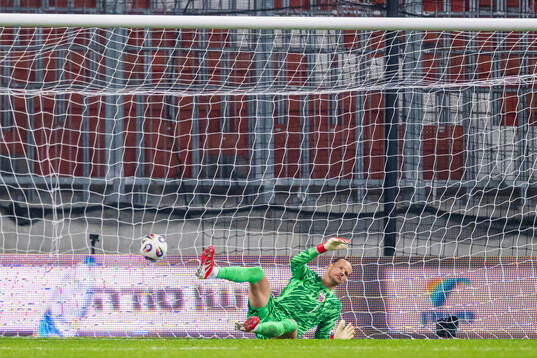 Goalkeeper Ørjan Håskjold Nyland of Norway lets in the