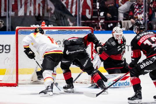 Brynäs Jordan Schroeder och Malmö Redhawks målvakt Oskar