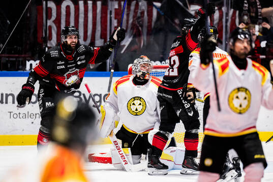 Malmö Redhawks Robin Hanzl jublar och Brynäs målvakt