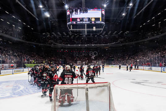 Malmö Redhawks Nikola Pasic jublar med målvakt Oskar