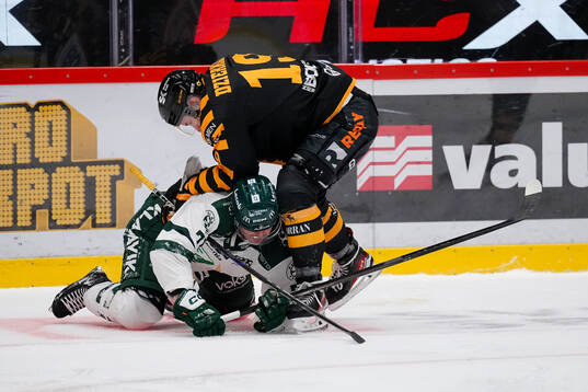 Färjestads Viktor Lodin och Skellefteås Martins Dzierkals