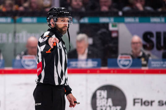 Domare Marcus Linde signalerar för godkänt mål