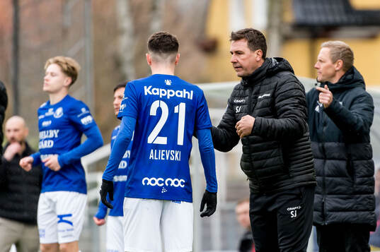 Trelleborgs Eren Alievski och tränare Stefan Jacobsson