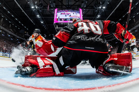Brynäs Bobby Trivigno och Malmö Redhawks målvakt Oskar