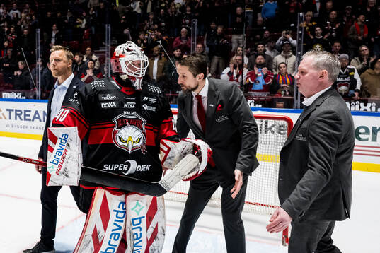 Malmö Redhawks målvakt Oskar Blomgren och tränare Tomas