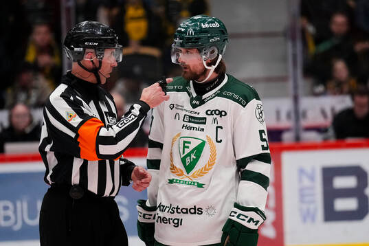 Domare Linus Öhlund och Färjestads Linus Johansson