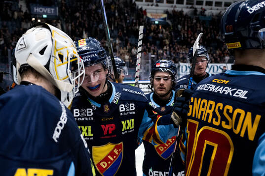 Djurgårdens målvakt Hugo Hävelid och Victor Eklund jublar