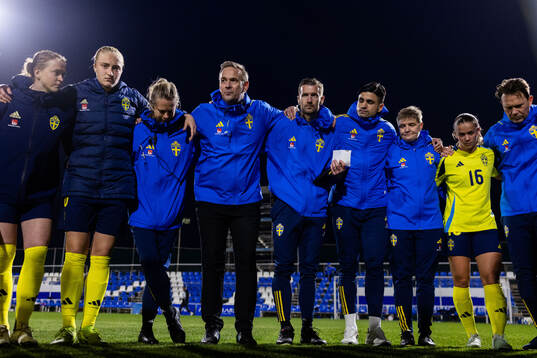 Players and staff of Sweden gather