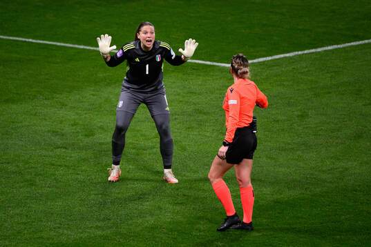 Goalkeeper Laura Giuliani of Italy reacts towards referee