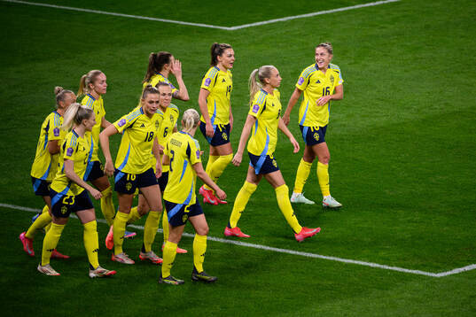 Filippa Angeldahl of Sweden celebrates with team mates