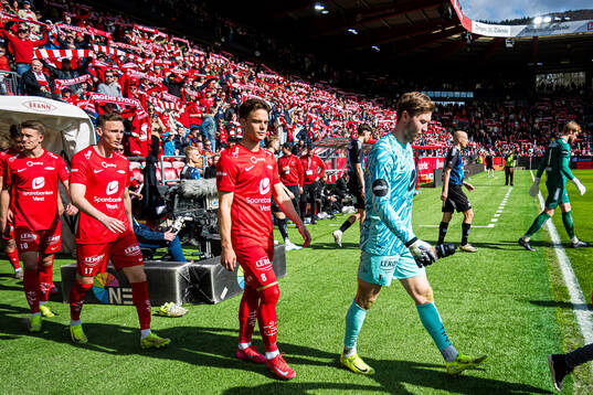 Felix Horn Myhre and goalkeeper Mathias Dyngeland of Brann