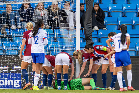 Goalkeeper Cecilie Fiskerstrand of Norway with an injury